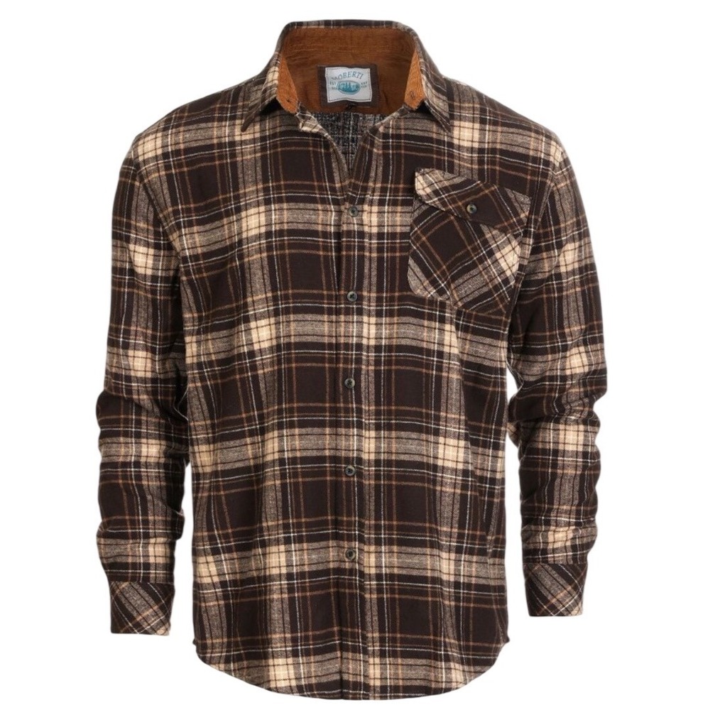 Gioberti Mens XL Brown Plaid Flannel Button Down Shirt Corduroy Trim Long Sleeve